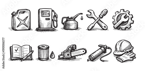 Hand-drawn style black and white vector icons of tools and equipment for car repair. Perfect for illustrating maintenance, repair, or automotive themes.