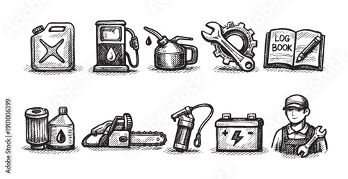 Collection of hand-drawn sketch style icons for auto repair, maintenance, service, and garage themes. Useful for illustrations, web design, prints, and advertising.