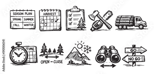 Hand-drawn vector illustration featuring doodle-style icons related to forestry, logging, planning and outdoor activities. Perfect for designs needing a touch of rustic charm.