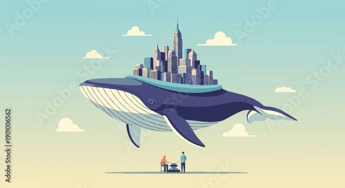 A surreal giant whale carries a city across a pastel sky with two people watching
