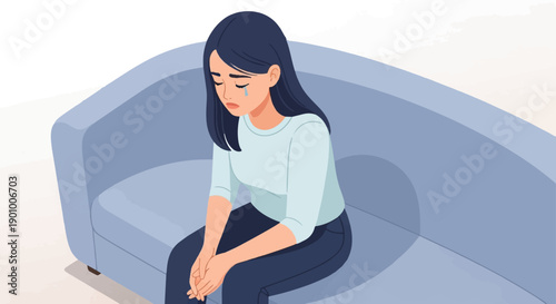 A woman with dark hair sits on a sofa, crying with her head bowed