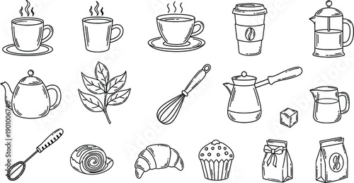 Coffee and Tea Time Icons: Cups, Kettles, Pastries