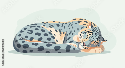 A stylized, sleeping snow leopard curls up in repose on a pale background