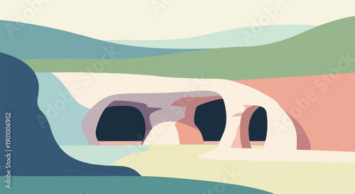 Abstract cave-like openings in a soft, pastel landscape