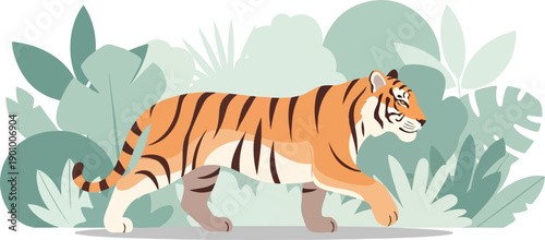 A stylized tiger walks through lush jungle foliage with its distinctive orange and black stripes