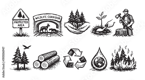 Hand-drawn illustrations showing aspects of conservation, sustainability, and forestry. Perfect for brochures, educational materials, or websites about environmental protection.