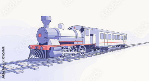 A stylized vintage steam train with carriages travels along tracks