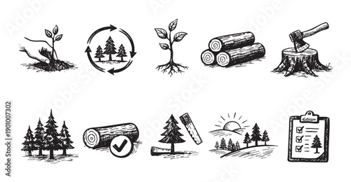 Black and white sketch icons illustrating forestry, wood production, sustainability, and environmental protection. Suitable for designs about nature, environmental topics, lumber, and woodworking.
