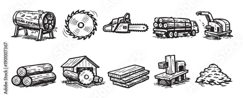 Black and white vector illustration featuring different stages of woodworking. Can be used for illustrating themes of forestry, construction, and woodworking.