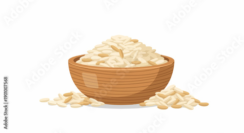 A wooden bowl overflowing with white rice and scattered grains