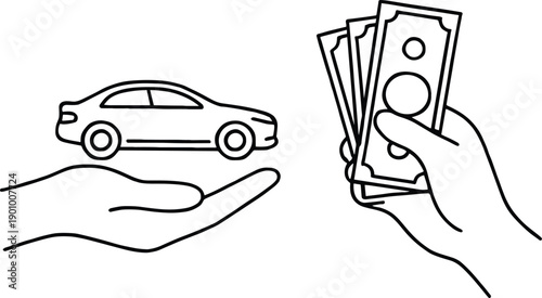 Vector line icon of hands exchanging money for car, representing auto loan, vehicle purchase, insurance, and buying concept.