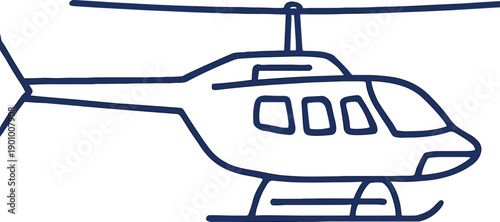 Minimalist blue helicopter vector line illustration, simple doodle style aircraft icon for travel, transport, aviation design element, isolated on white.