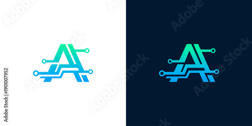 Abstract letter A logo design symbolizing advanced technology, digital connectivity, and artificial intelligence, perfect for modern branding and innovative tech solutions