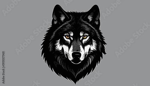 Detailed stylized wolf head with symmetrical face, intense yellow eyes, and bold black-and-white fur pattern. High contrast, sharp lines, fierce and majestic appearance on solid gray background.