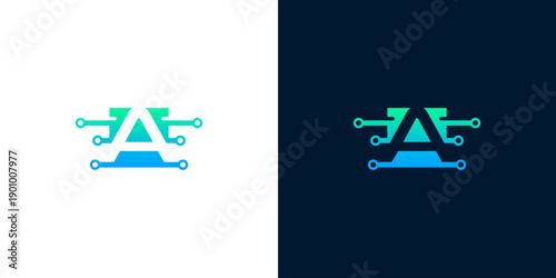 Futuristic 'A' lettermark logo with circuit board elements, representing artificial intelligence and advanced digital technology