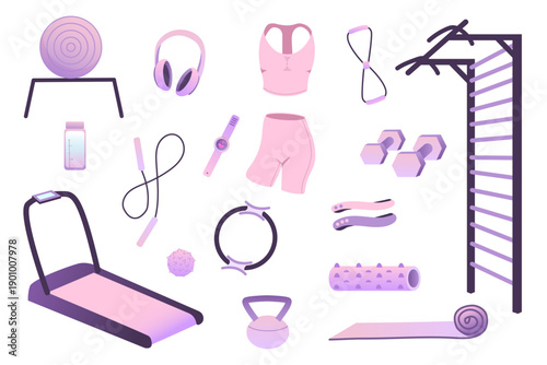 Sport and fitness gym workout with a treadmill or wall bars and dumbbells for legs and exercise