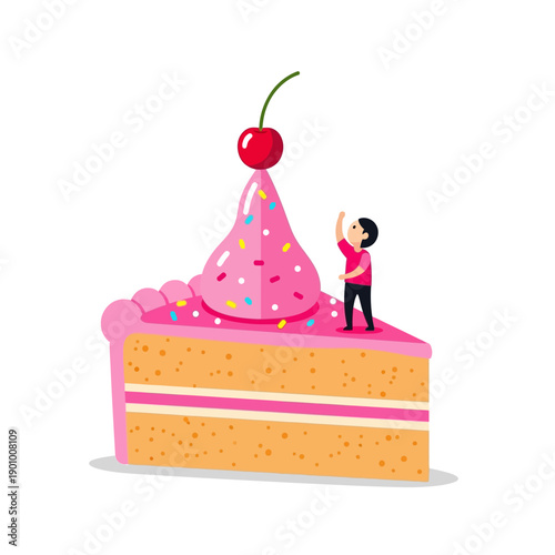 Tiny Person Reaching for Cherry on Top of Giant Pink Frosted Cake Slice