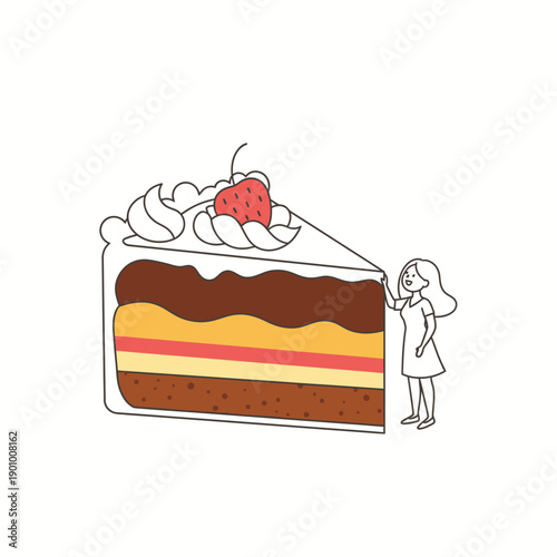 Tiny Woman Admiring Giant Slice of Chocolate Strawberry Cake