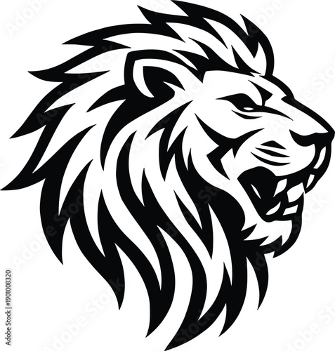Aggressive roaring lion head vector illustration, black and white mascot logo design of wild animal face with detailed mane.