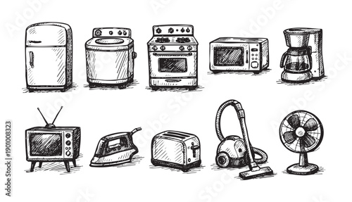Hand-drawn sketch of various household appliances, including kitchen tools and cleaning devices. Useful for illustrations, design elements, or retro-themed projects.