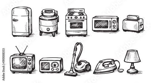 Hand-drawn illustration featuring a set of retro home appliances. Could be used for retro designs, infographics, or to create a vintage feeling.