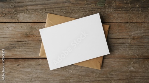 A blank white card and a brown envelope resting on a rustic wooden surface, viewed from above.