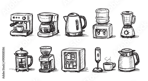 Black and white sketch of various kitchen appliances, including coffee machines, blenders and beverage dispensers. Perfect for illustrating kitchen design, menus, cooking or cafe concepts.