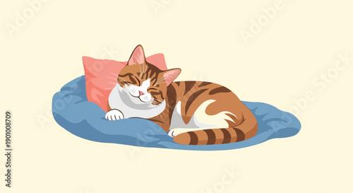 A tabby cat naps peacefully on a blue bed with a pink pillow