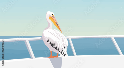 A white pelican stands on the deck of a boat, overlooking the ocean