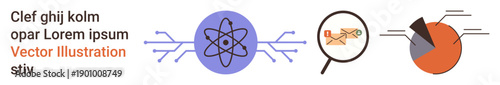 Research, data analysis, technology, scientific discovery, statistical visualization, innovation. Atom connected by lines, magnifying glass inspecting a molecule and pie chart sections. Research