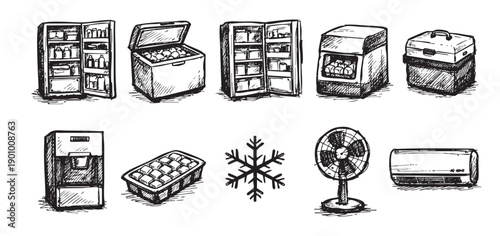 Hand-drawn sketch illustration of cooling appliances like refrigerators, freezers, ice maker, fan, and air conditioner. Use for retro designs, cooling tech articles, or home appliance blog.