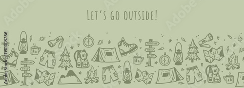 Cute hand drawn vector seamless pattern with camping doodles, tents, hiking boots, campfire great for textiles, banners, wallpapers