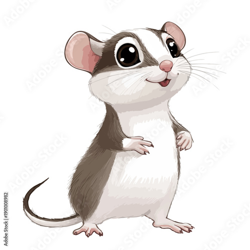 Cute vector mouse character with big dark eyes standing on white background. Adorable rodent illustration in cartoon style for kids design.