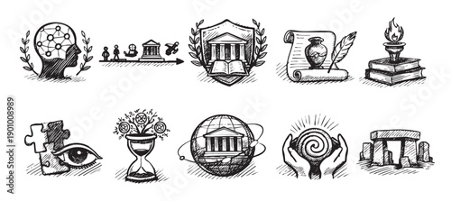 Collection of sketched icons representing education, research, and the pursuit of knowledge. Includes themes of intelligence, wisdom, learning, and history, suitable for academic projects.
