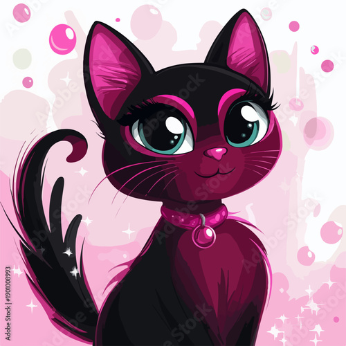 Cute black cat vector character with pink accents and big blue eyes. Adorable kitten illustration in cartoon style for kids design and nursery decor.