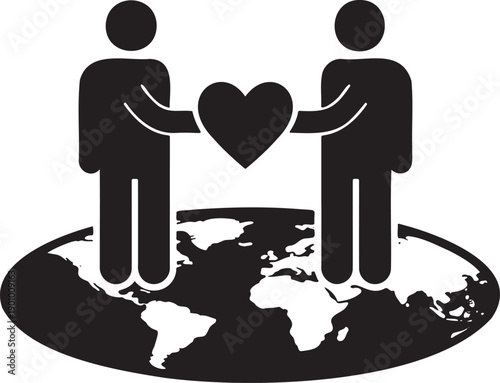 Two people holding hands over a world map symbolizing global unity and love