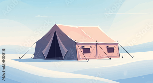 A tent stands alone in a vast, snow-covered landscape under a pale sky