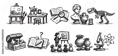 Hand-drawn style icons depicting education concepts like art, history, paleontology, teaching, and science. Ideal for educational materials, websites, or presentations needing a playful design.