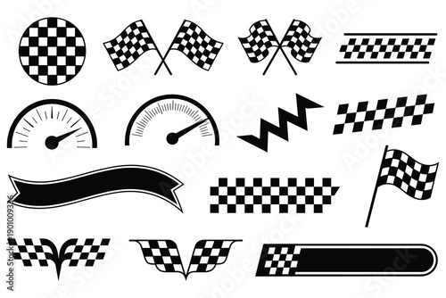 Racing Icons Set: Checkered Flags, Speedometers, and Banners for Motorsport Graphics