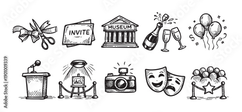 A collection of hand-drawn doodle icons featuring a grand opening, museum, champagne, balloons, and more. Perfect for event planning, marketing, and creative design.