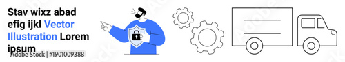 Cybersecurity, data protection, secure logistics, technology integration, online authentication, e-commerce safety. Person holding shield with lock, gears and truck. Cybersecurity and secure