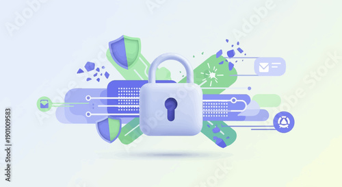 Abstract digital security concept with padlock, shields, and data flow