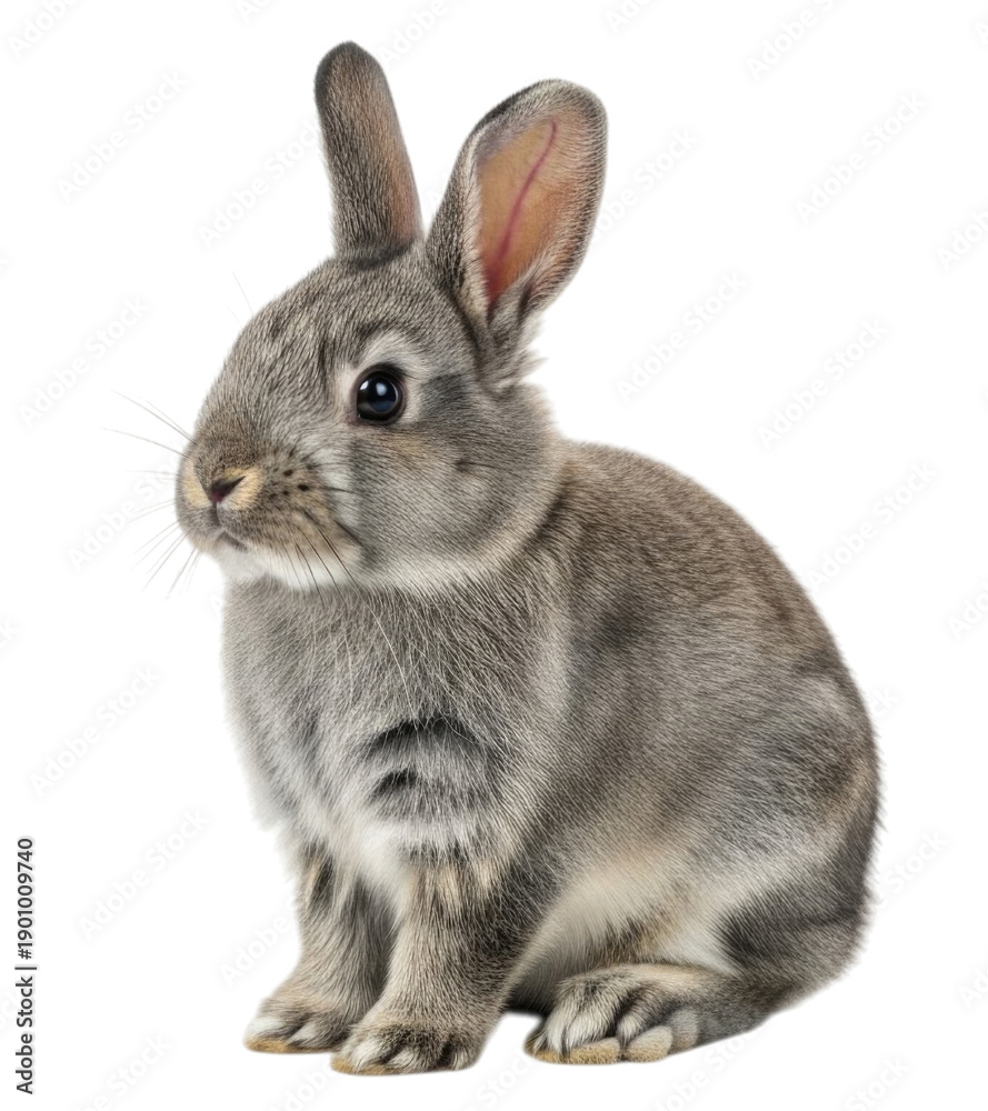 Fototapeta premium Cute Gray Rabbit Sitting Isolated on Transparent Background Cutout PNG, High Detail 3D Render