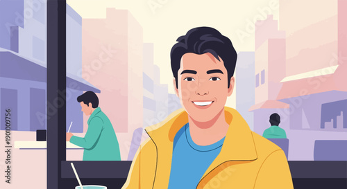 A young man in a yellow jacket smiles at the camera, city backdrop