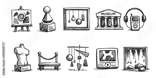Hand-drawn sketch of museum-related objects. This vector illustration can be used to showcase exhibits or a guide to a museum layout, for websites, blogs, or brochures.
