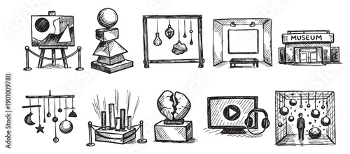 Hand-drawn sketch of museum-related objects. This vector illustration can be used to showcase exhibits or a guide to a museum layout, for websites, blogs, or brochures.