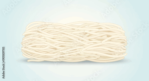 A tightly wound bundle of thick, pale yellow noodles on a light blue background