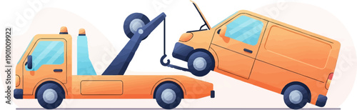 A tow truck assists an orange van with its hood up, ready for towing