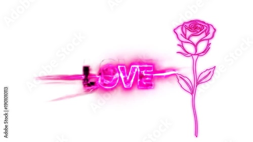 Neon Pink Rose Drawing Opens While The Word Love Flashes. - Valentine's Day