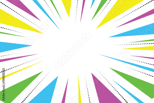 Vivid neon triangles and dotted lines radiate outward from a bright white center in pop-art style.